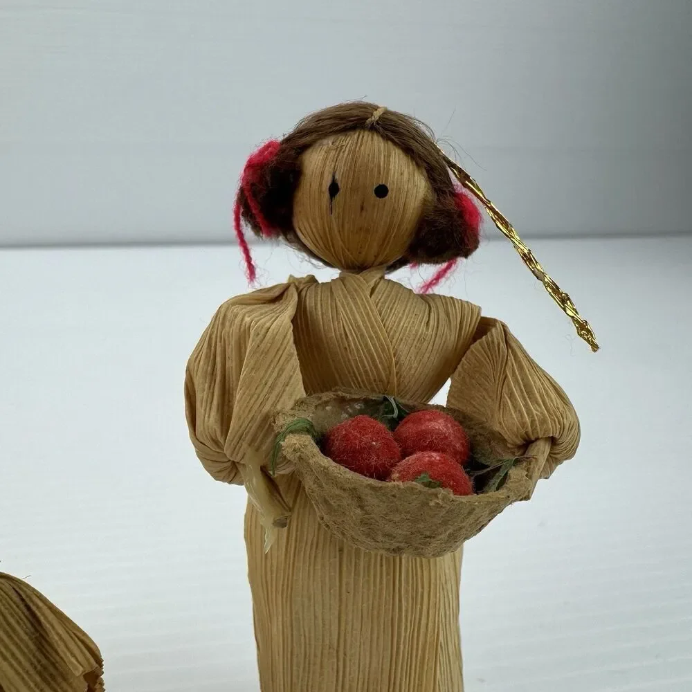 Vintage Corn Husk Dolls Set of 3 Handmade Folk Art Rustic Farmhouse Decor Fall